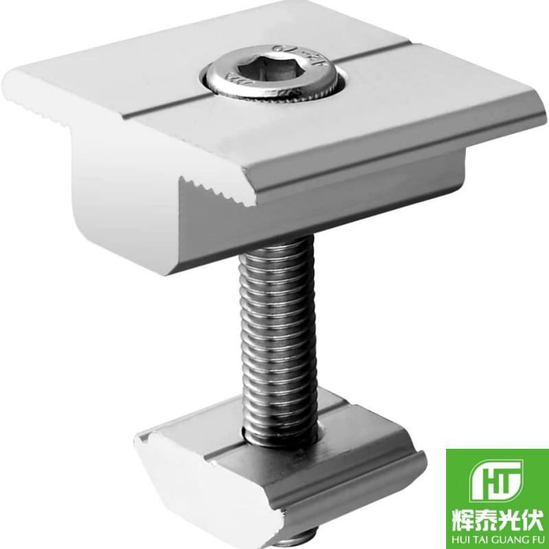 Heavy‑duty solar mid clamp creates solid connection between two solar panels for rooftop pv systems.
