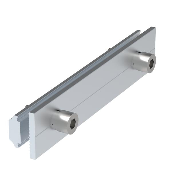 Durable aluminium solar rail splice securely connects two rails to extend photovoltaic mounting framework.